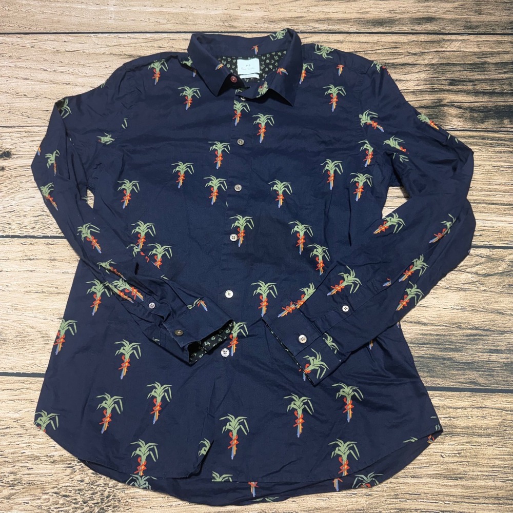 PS Paul Smith Button Down Shirt Men XL Navy Blue Palm Tree Slim Fit Casual